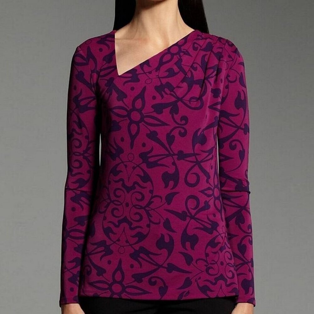 Narciso Rodriguez Purple Floral Asymmetrical Neck Long Sleeve Blouse Size L